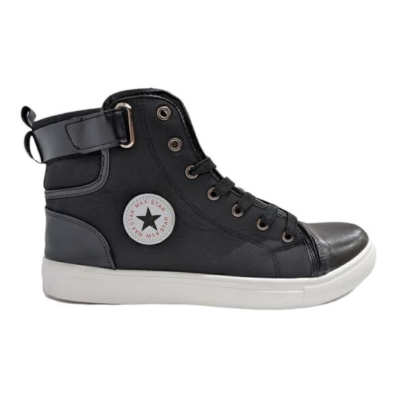 Max Star Men's Black Lace Up High Tops Faux Leather Straps Plaid Size 46, NWOT - Picture 2 of 14